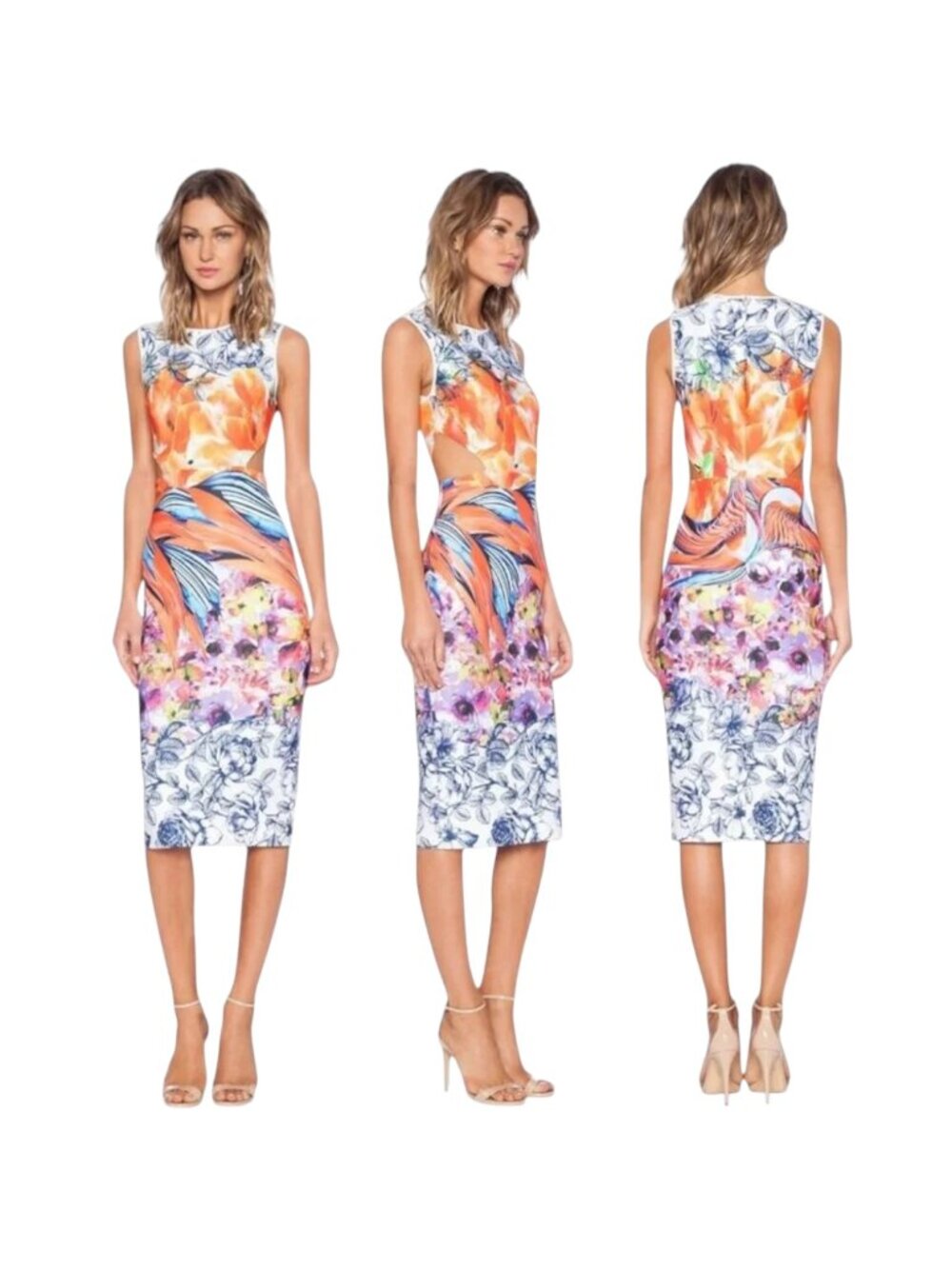 Clover Canyon Floral Bird Print Waist Cutout Midi Dress Blue Orange Size Small - Picture 15 of 15